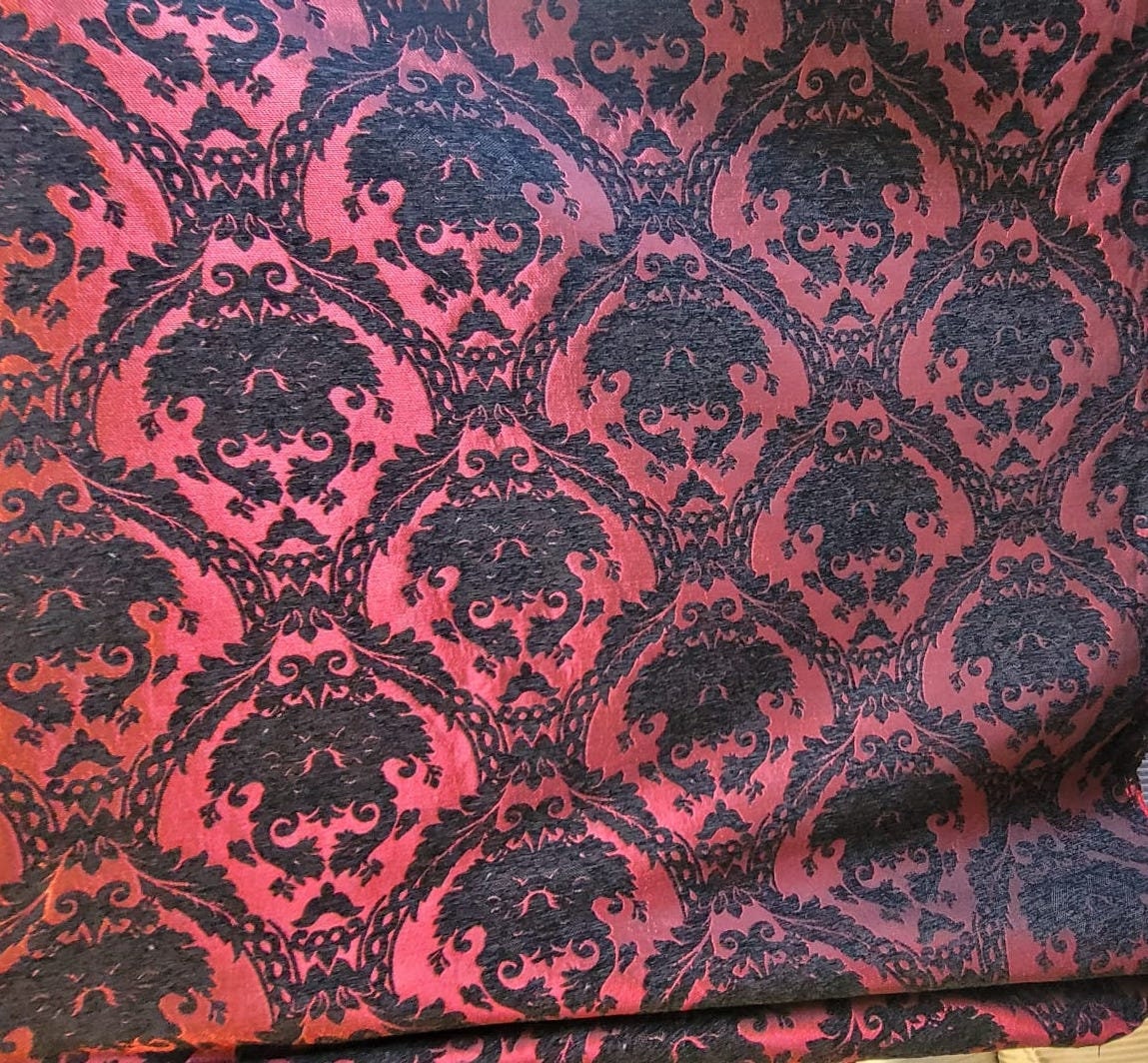 Chenille BAROQUE UPHOLSTERY Fabric Jacquard Damask, 58" wide ,color Red/Black, Reversible, sold by yard in continuous yards