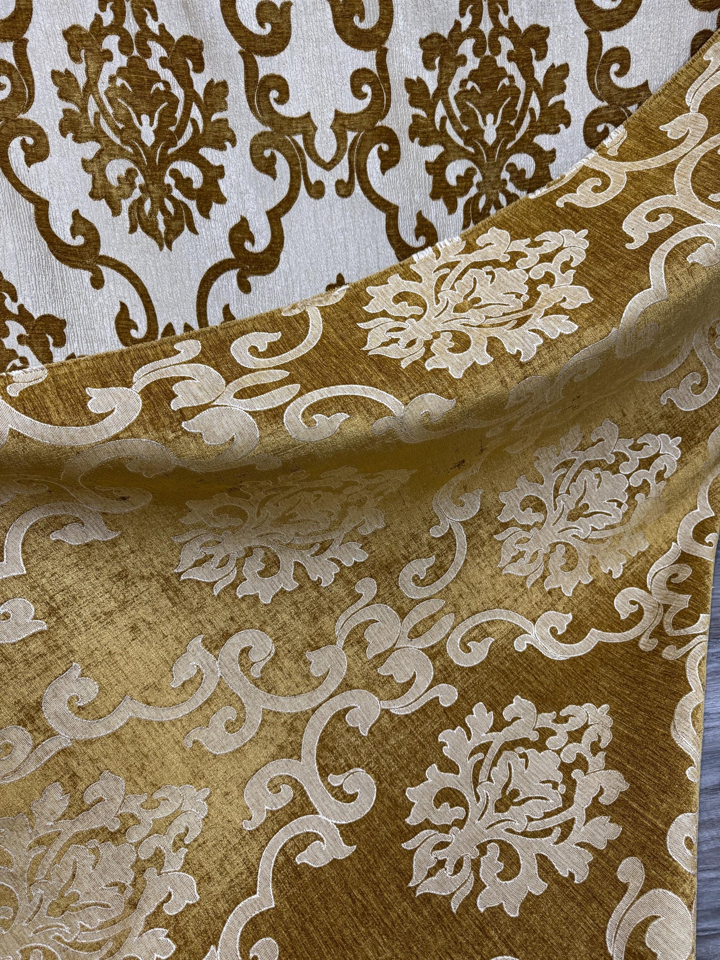 Chenille BAROQUE UPHOLSTERY Fabric Jacquard Damask, 58" wide ,color Cream/Gold sold by yard in continuous yards