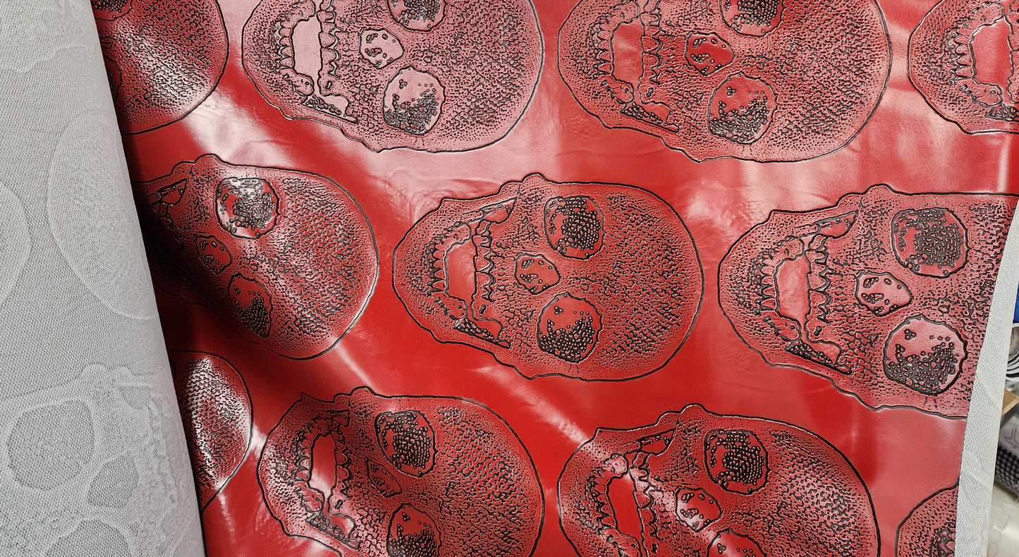 Red/ Black Big Skull Vinyl Fabric, Leather Look Upholstery Grade , 54" wide, sold by yard