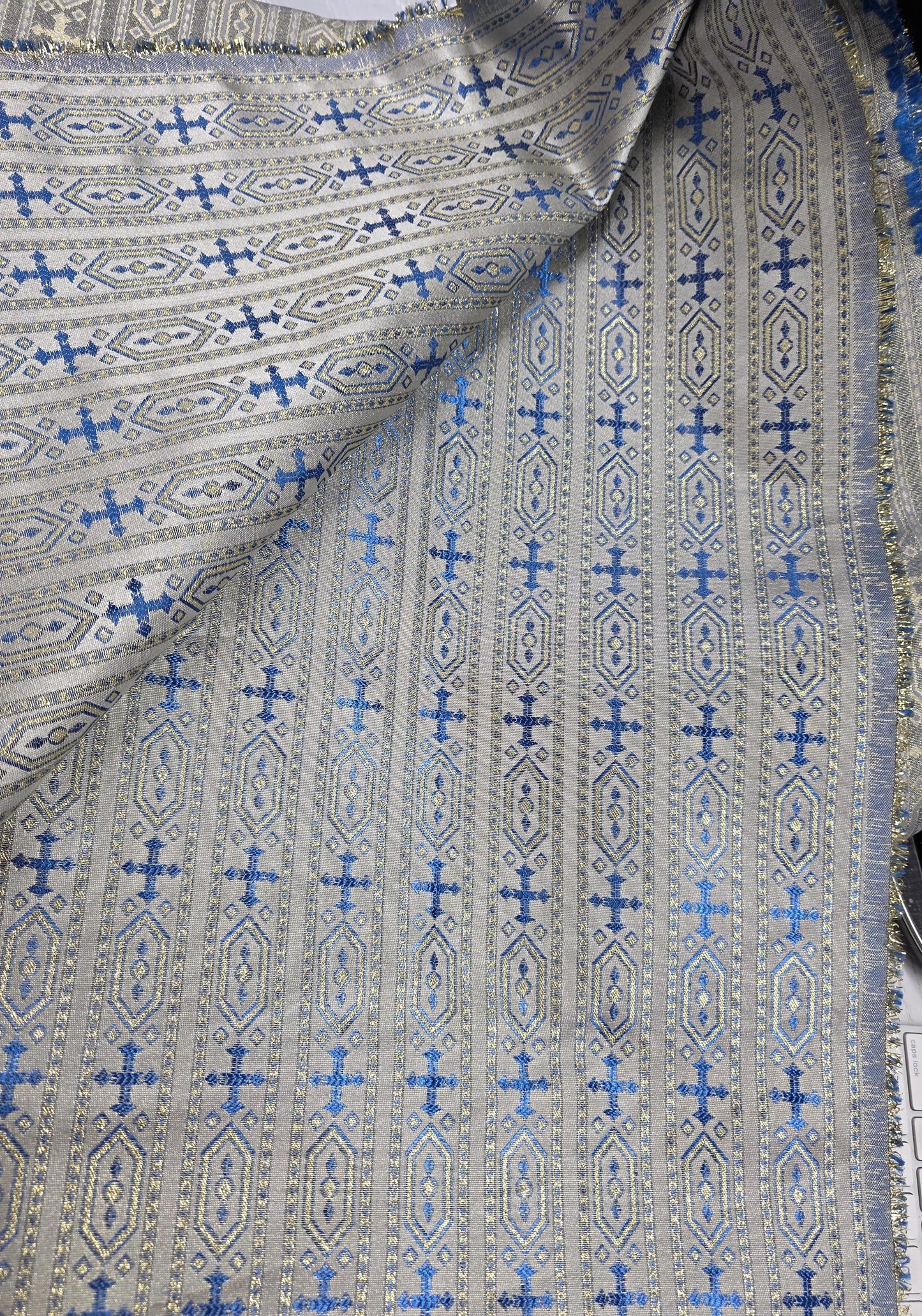 Liturgical Brocade,Church Gorgeous Cross acetate brocade Fabric Cross Brocade blue Gold 58" Wide