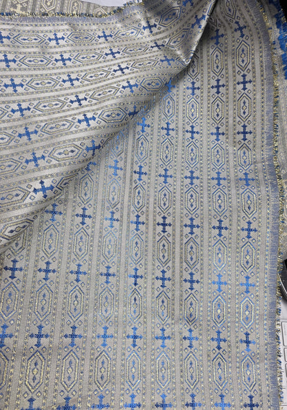 Liturgical Brocade,Church Gorgeous Cross acetate brocade Fabric Cross Brocade blue Gold 58" Wide