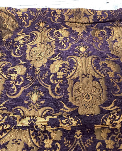 Chenille BAROQUE UPHOLSTERY Fabric Jacquard Damask, 58" wide ,color purple/gold, sold by yard in continuous yards