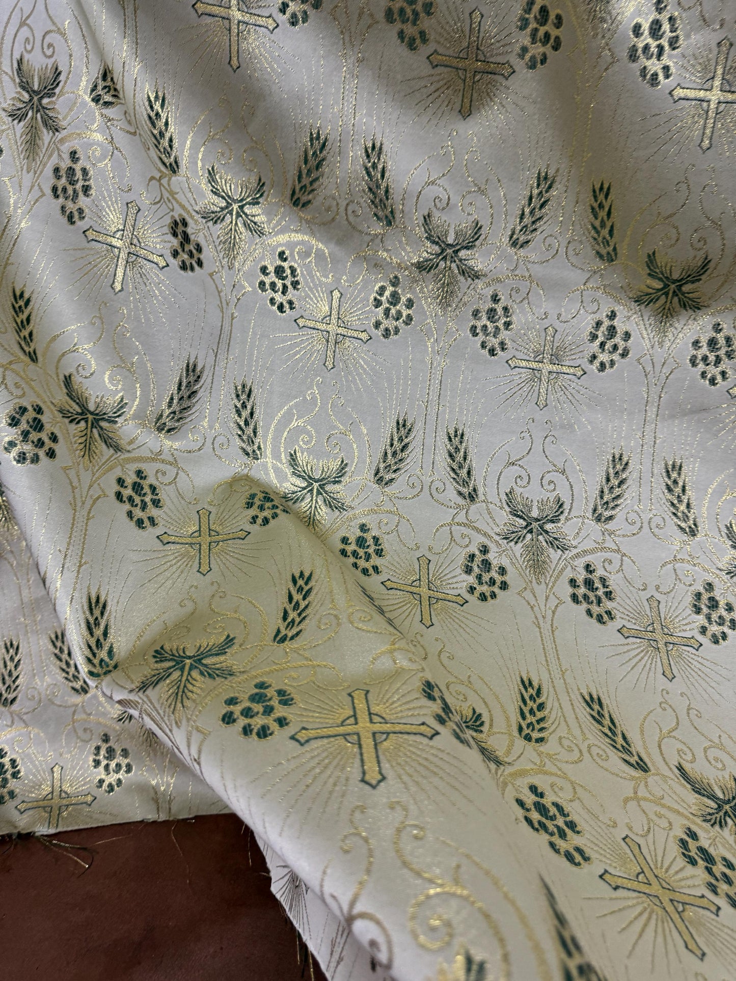 Liturgical Brocade, Green gold, Church Gorgeous Cross Acetate Taffeta Brocade Fabric Cross Metallic Brocade 60" Wide