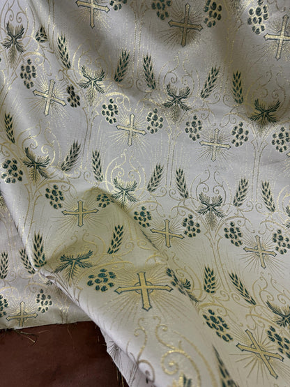 Liturgical Brocade, Green gold, Church Gorgeous Cross Acetate Taffeta Brocade Fabric Cross Metallic Brocade 60" Wide