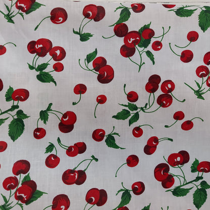 Ad Fabric, Polycotton Printed Cherry Fruit White Poly Cotton, 58" Inches Wide, Sold by Yard