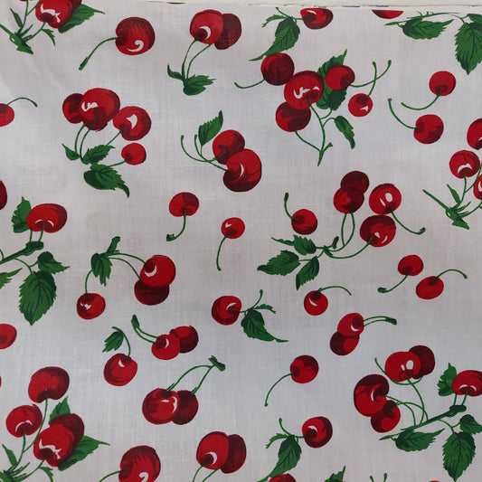 Ad Fabric, Polycotton Printed Cherry Fruit White Poly Cotton, 58" Inches Wide, Sold by Yard