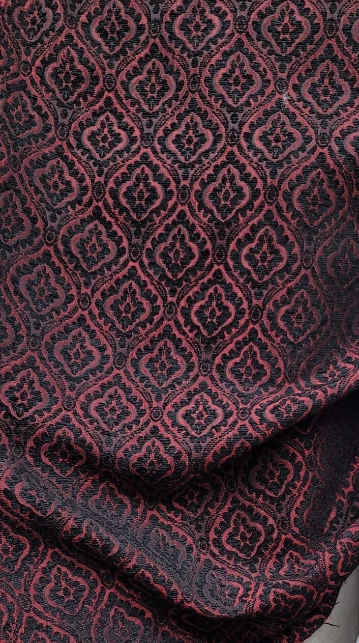 Damask Burnout Chenille  Fabric - Black/. Red,- Upholstery 54" wide, sold by yard