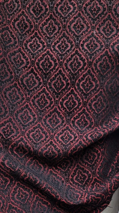 Damask Burnout Chenille  Fabric - Black/. Red,- Upholstery 54" wide, sold by yard