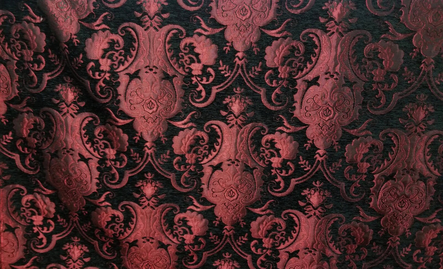 Chenille BAROQUE UPHOLSTERY Fabric Jacquard Damask, 54" wide ,color Red/Black, sold by yard in continuous yards