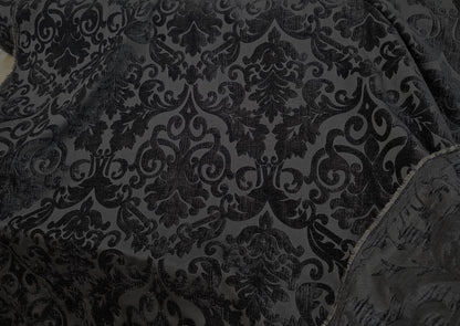 Chenille Fabric Upholstery,  Damask Burnout Chenille Velvet ,Jacquard Damask, 54" wide, color Black/Black , sold by yard in continuous yards