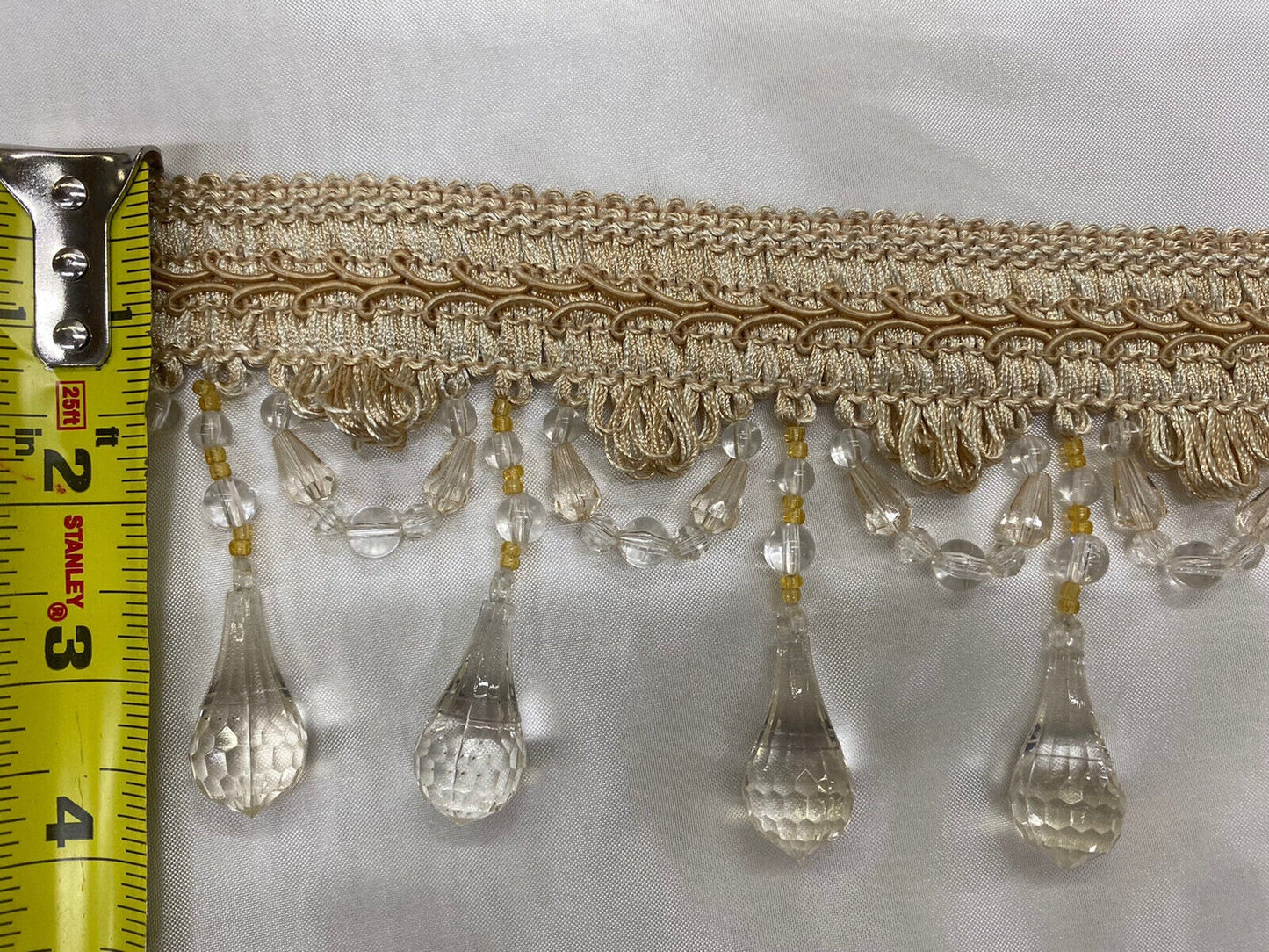 3.5” Tear Drop Beaded Trim Fringe Gimp Top Sold By The Yard Taupe / Clear Ivory Tassel Trim Fringe Fabric  for Decoration
