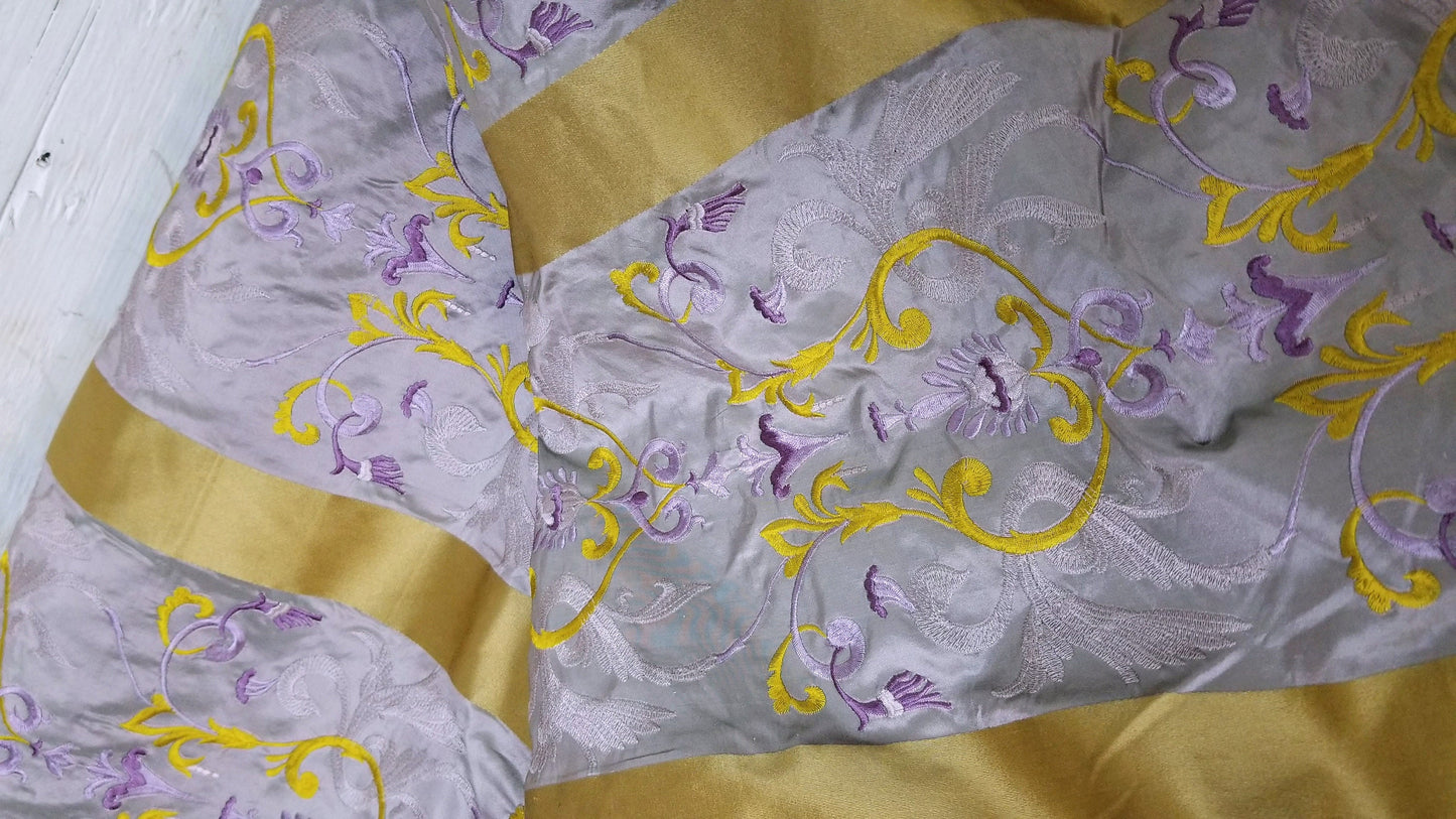 Kravet Silk fabric, Pure Silk Damask Fabric in Light Lilac and Gold with Neoclassical Design, 56" wide, sold by yard