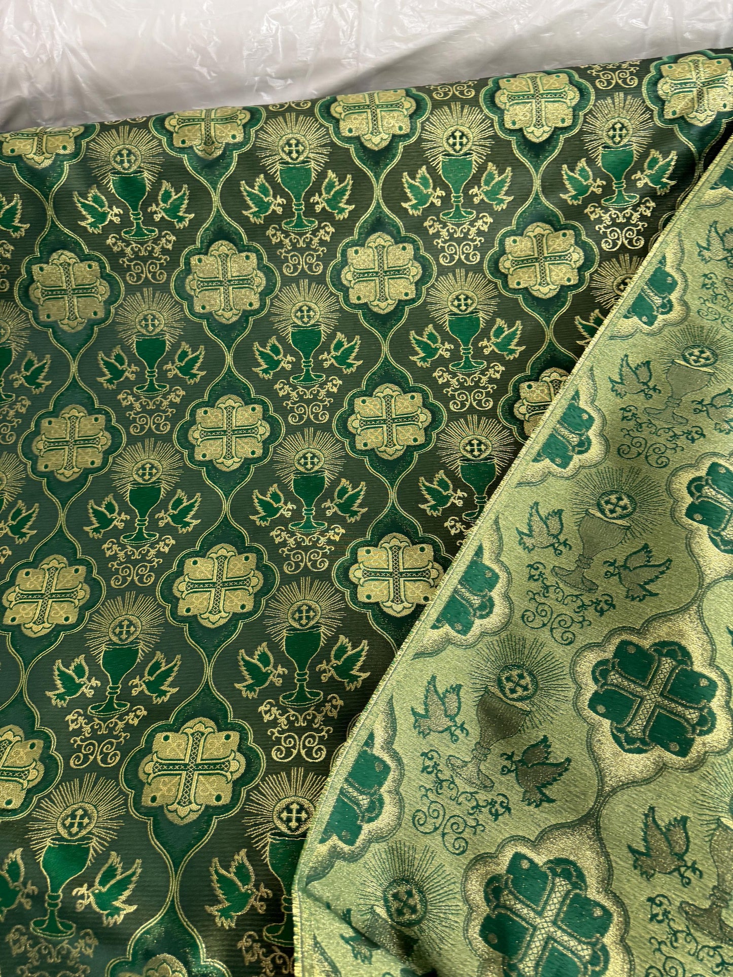 Liturgical Brocade,Church Gorgeous Cross acetate brocade Fabric Cross Brocade Green/ Gold 58" Wide