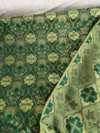 Liturgical Brocade,Church Gorgeous Cross acetate brocade Fabric Cross Brocade Green/ Gold 58" Wide
