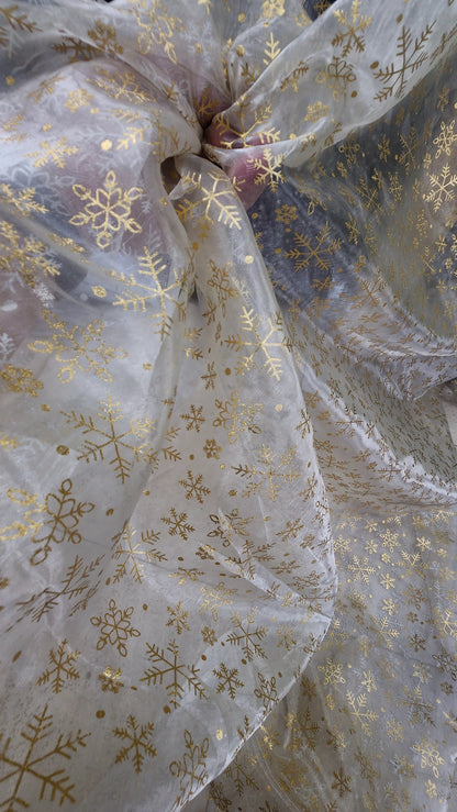 snowflakes Star Bursts Sheer Organza Gold 58" Inch Wide Fabric by The Yard