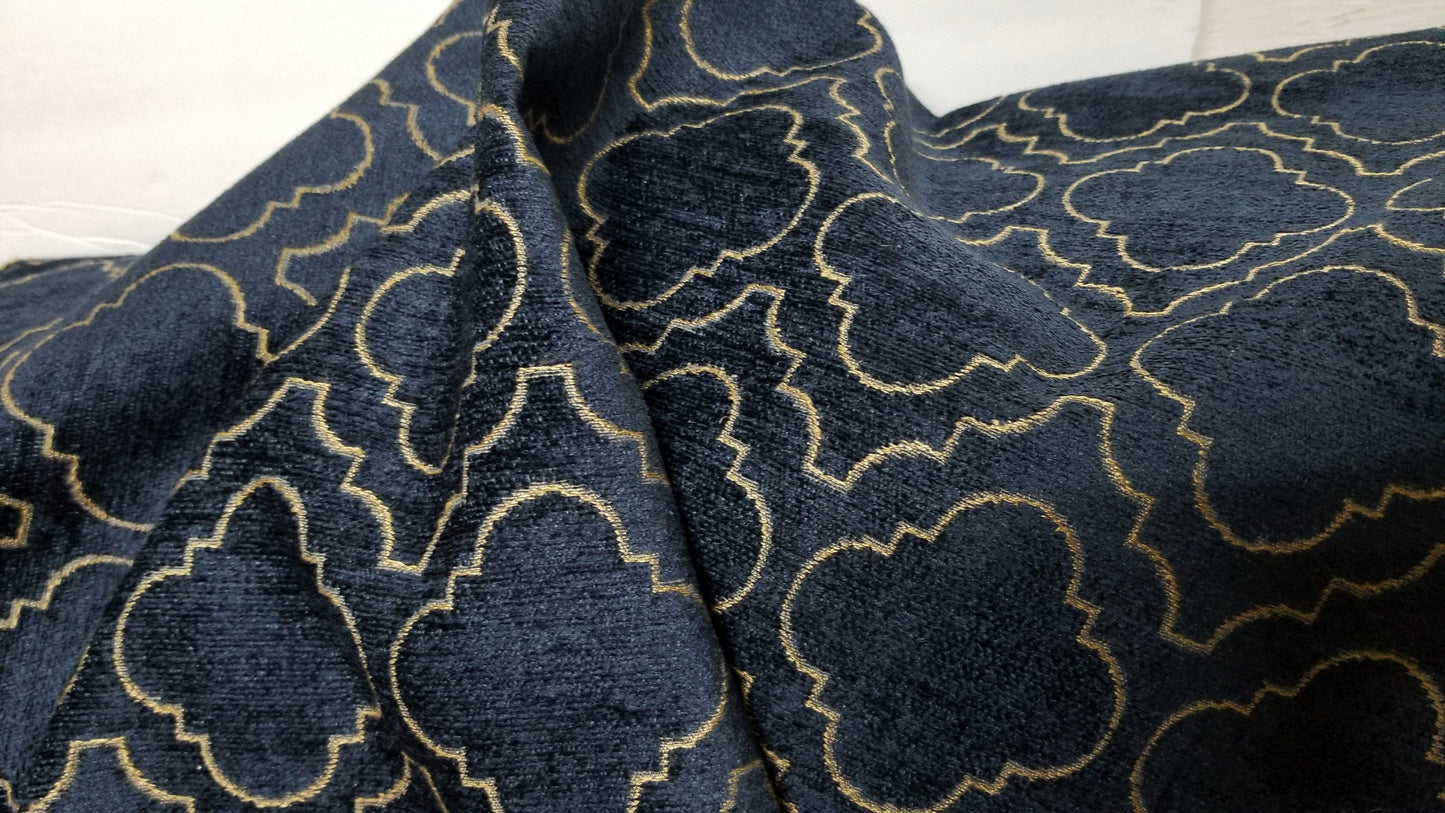 Chenille Diamond UPHOLSTERY Fabric Jacquard Damask, Color Blue/Gold,  58" wide , sold by yard in continuous yards