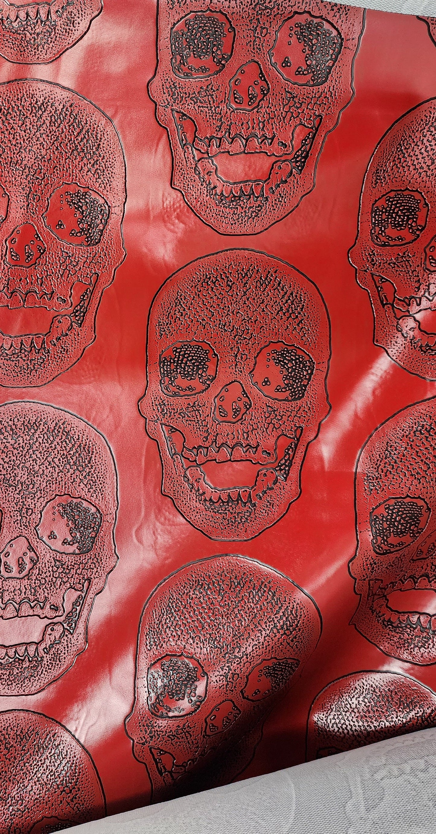 Red/ Black Big Skull Vinyl Fabric, Leather Look Upholstery Grade , 54" wide, sold by yard