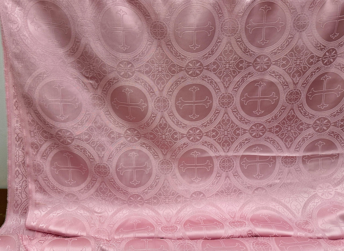 Liturgical Brocade,Church Gorgeous Cross Pink mate color Brocade Fabric , 54 wide, sold by yard