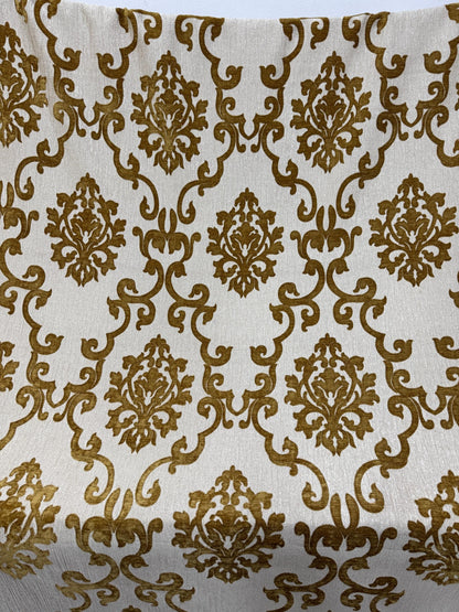 Chenille BAROQUE UPHOLSTERY Fabric Jacquard Damask, 58" wide ,color Cream/Gold sold by yard in continuous yards