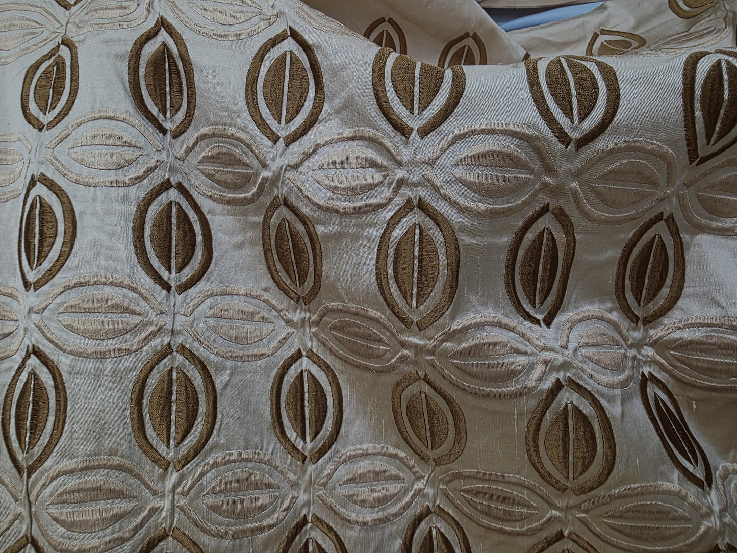 KRAVET, 100% Silk Taffeta Fabric Beige/Brown Embroidery, 54" wide, sold by yard