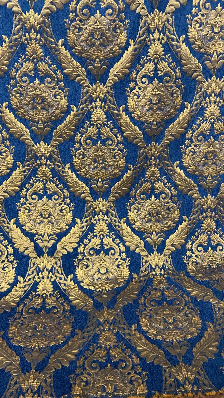 Damask chenille fabric - upholstery fabric, Blue/gold - 54" width - sold by yard