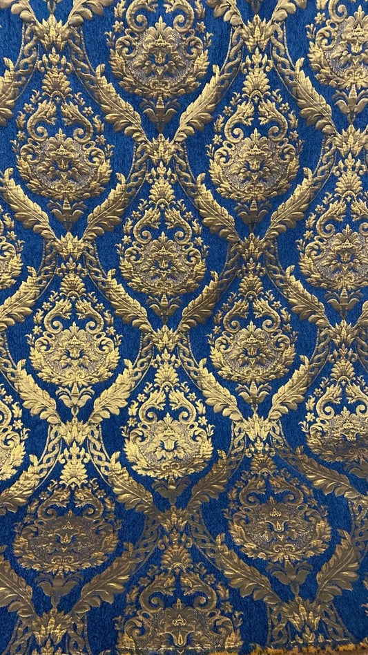 Damask chenille fabric - upholstery fabric, Blue/gold - 54" width - sold by yard
