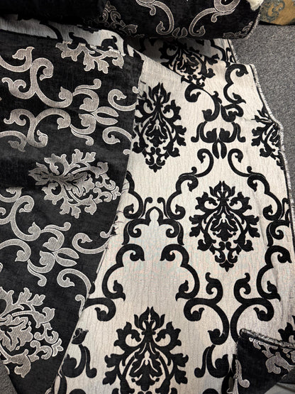 Chenille BAROQUE UPHOLSTERY Fabric Jacquard Damask, 58" wide ,color Black/silver sold by yard in continuous yards