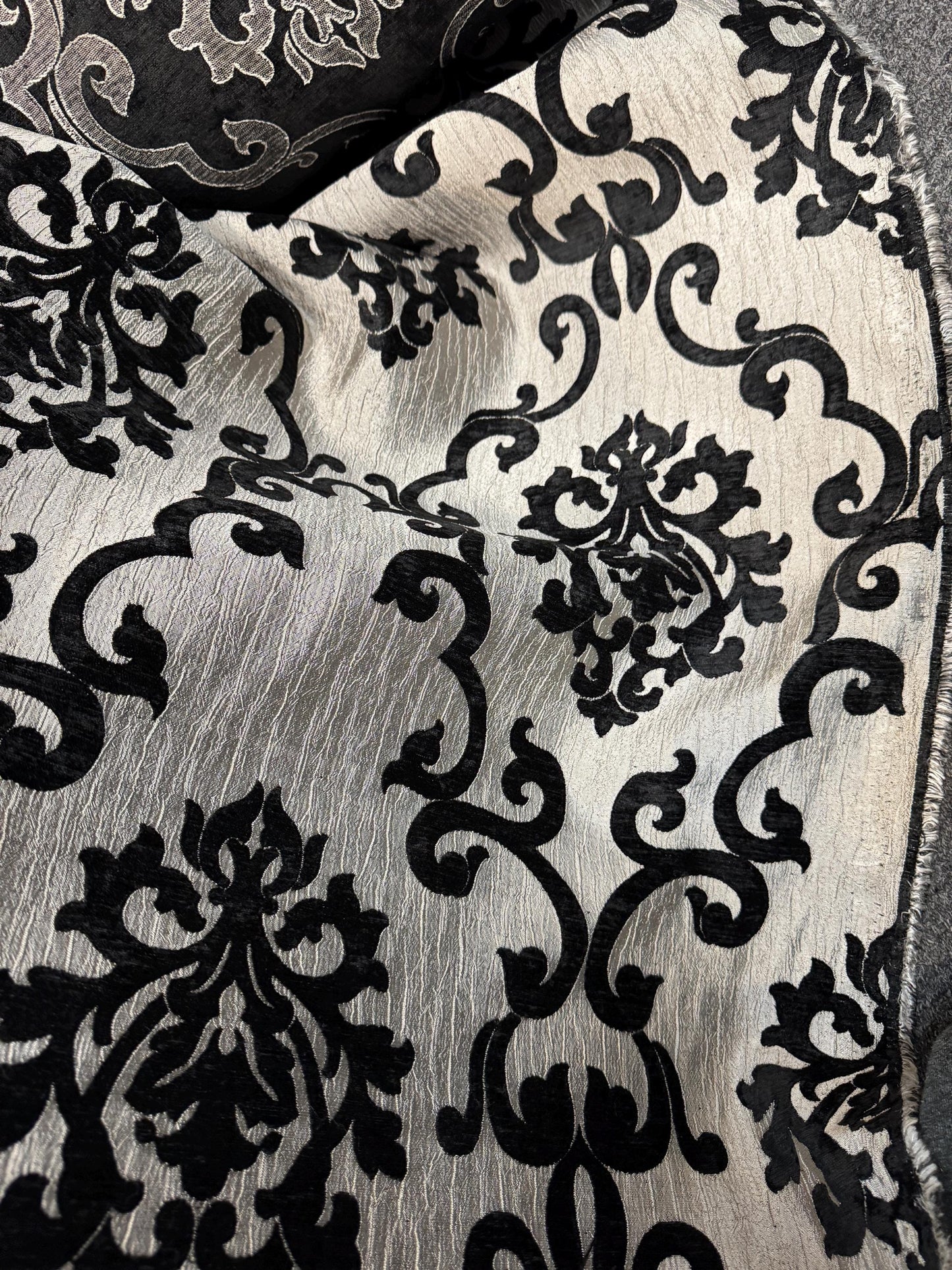 Chenille BAROQUE UPHOLSTERY Fabric Jacquard Damask, 58" wide ,color Black/Silver sold by yard in continuous yards