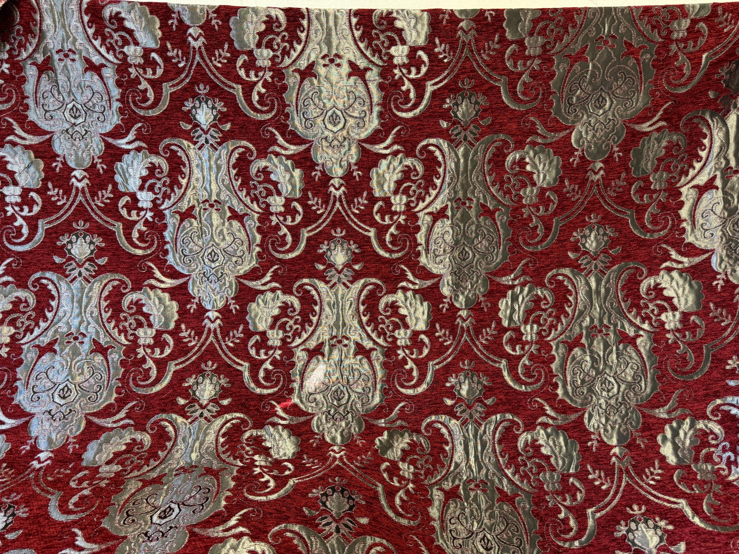 Chenille BAROQUE UPHOLSTERY Fabric Jacquard Damask, 58" wide ,color Red/Silver Reversible, sold by yard in continuous yards