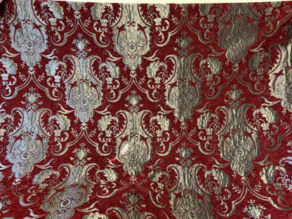 Chenille BAROQUE UPHOLSTERY Fabric Jacquard Damask, 58" wide ,color Red/Silver Reversible, sold by yard in continuous yards