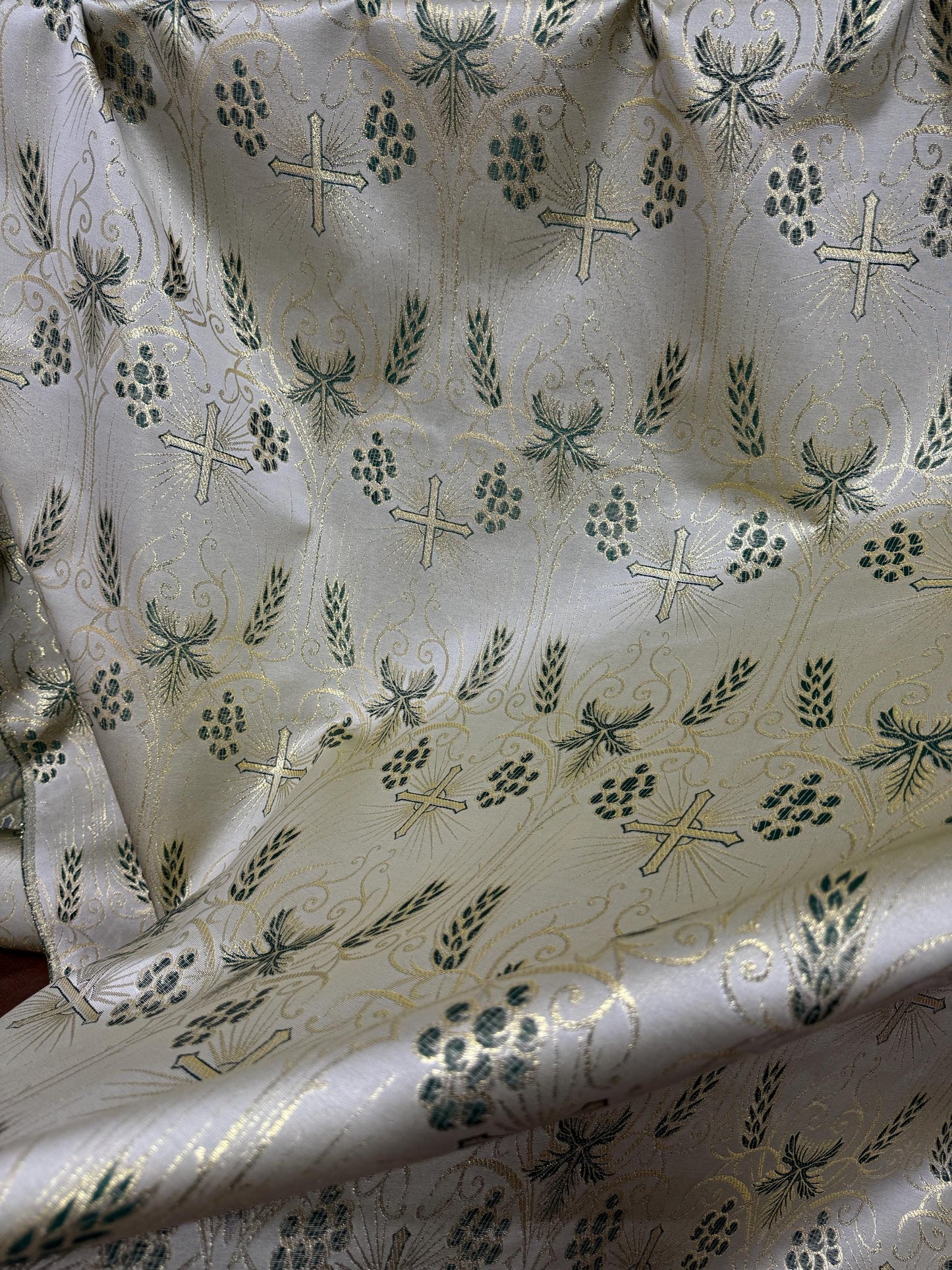 Liturgical Brocade, Green gold, Church Gorgeous Cross Acetate Taffeta Brocade Fabric Cross Metallic Brocade 60" Wide