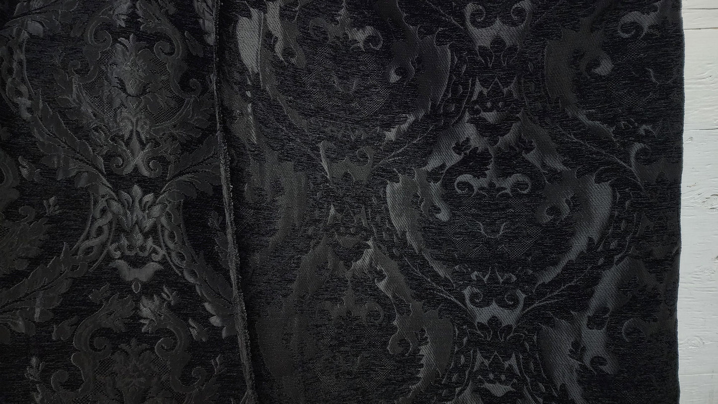 Damask tapestry chenille fabric - upholstery fabric, Black/Black - 56" width - sold by yard in continuous yards