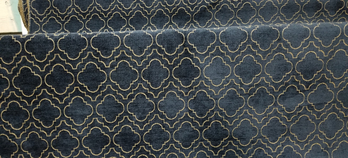 Chenille Diamond UPHOLSTERY Fabric Jacquard Damask, Color Blue/Gold,  58" wide , sold by yard in continuous yards