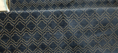 Chenille Diamond UPHOLSTERY Fabric Jacquard Damask, Color Blue/Gold,  58" wide , sold by yard in continuous yards
