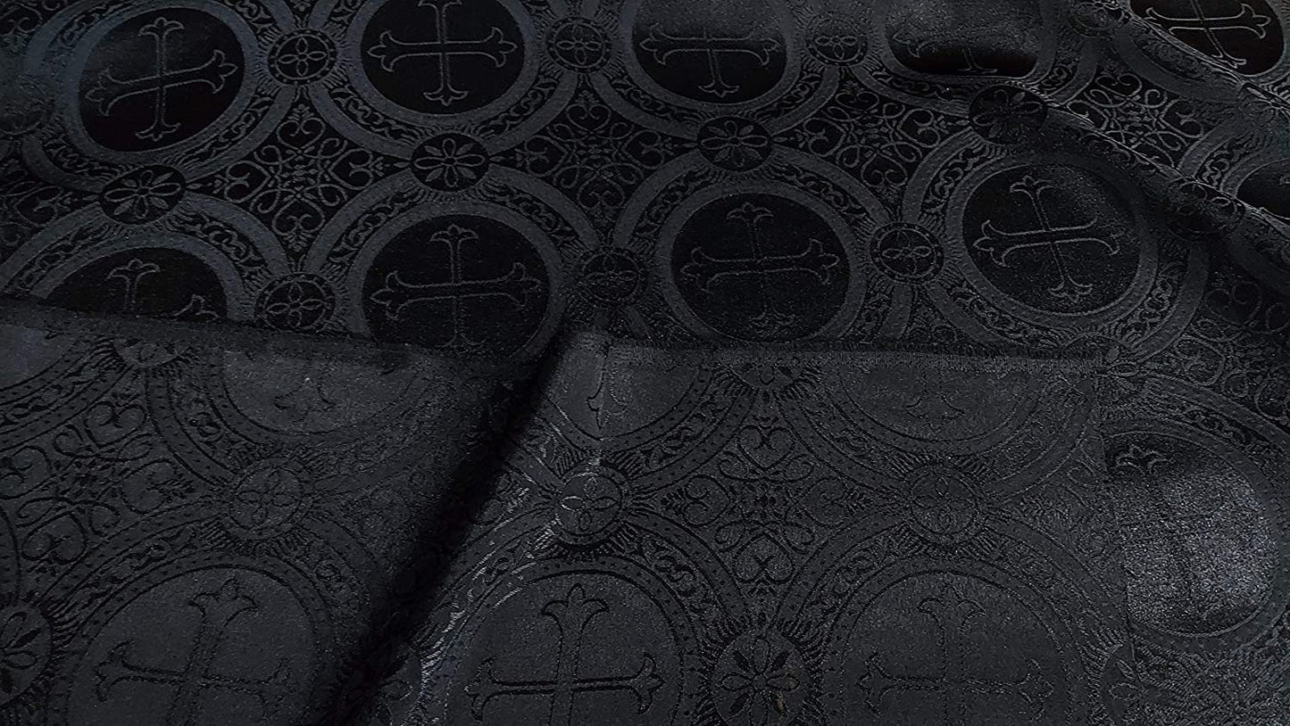 Liturgical Brocade,Church Gorgeous Cross acetatebrocade Fabric Cross Brocade Black Matte 60" Wide