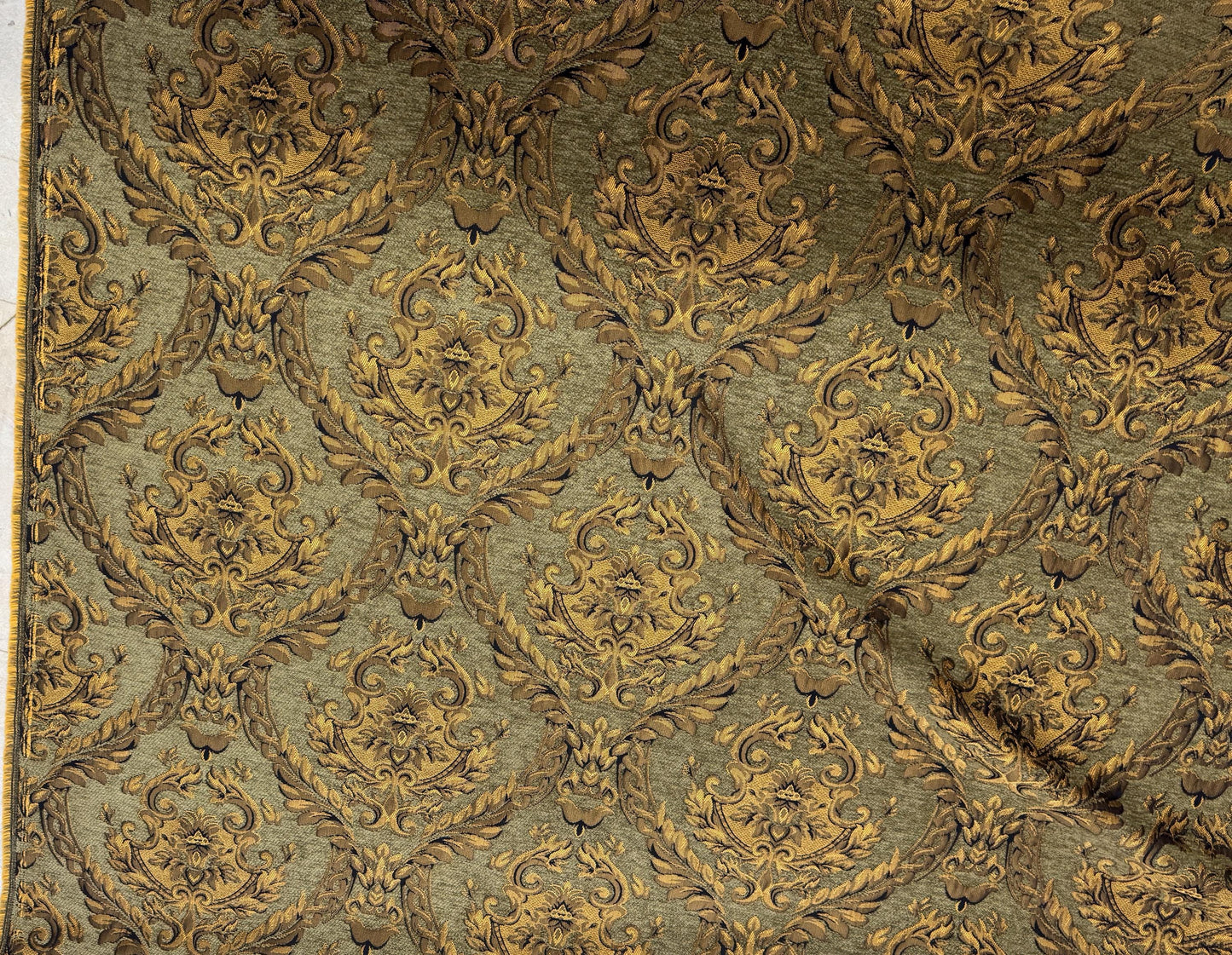Chenille BAROQUE UPHOLSTERY Fabric Jacquard Damask, 58" wide ,color Sage green/gold, sold by yard in continuous yards