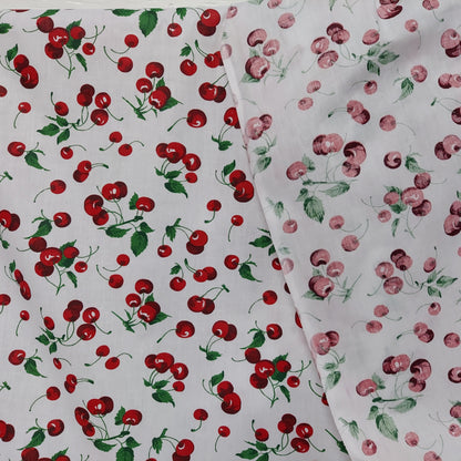 Ad Fabric, Polycotton Printed Cherry Fruit White Poly Cotton, 58" Inches Wide, Sold by Yard