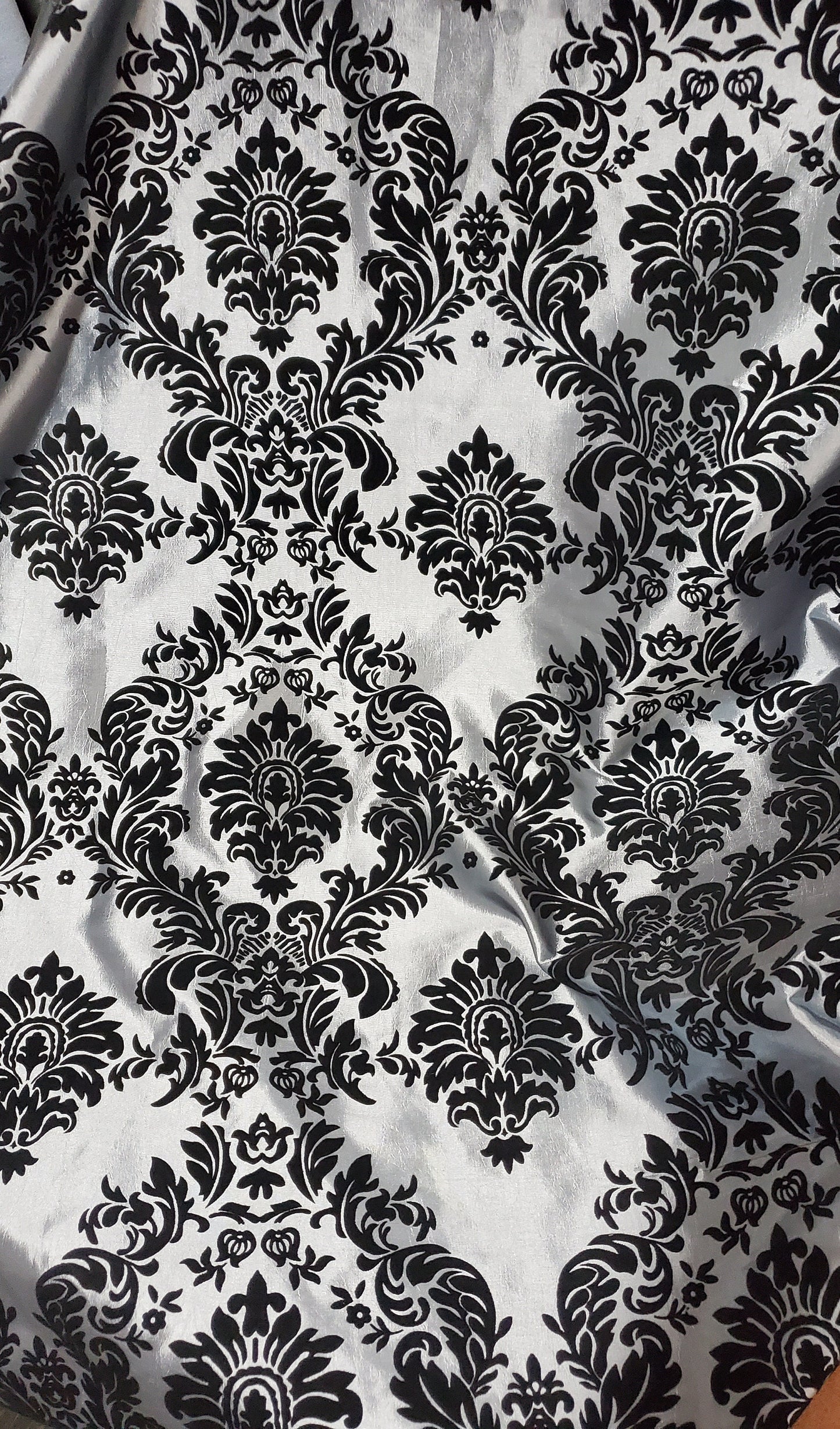 Taffeta Silver/ Black velvet Flocking Damask fabric per yard 60" wide ,Fabric by the Yard