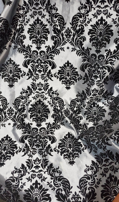 Taffeta Silver/ Black velvet Flocking Damask fabric per yard 60" wide ,Fabric by the Yard