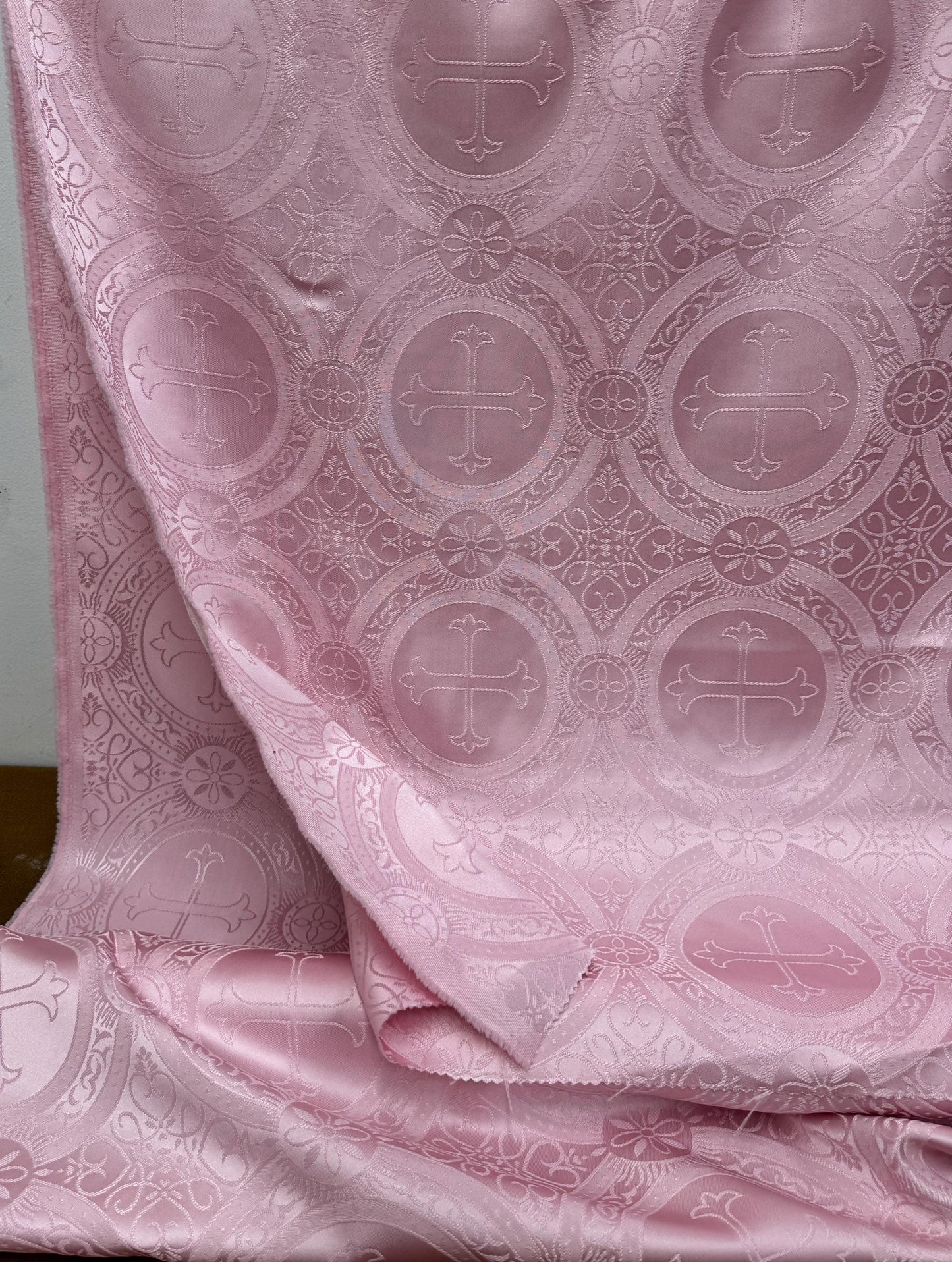 Liturgical Brocade,Church Gorgeous Cross Pink mate color Brocade Fabric , 54 wide, sold by yard