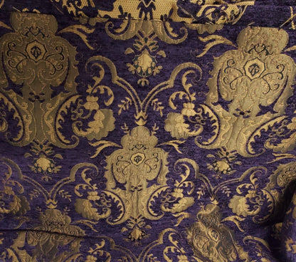 Chenille BAROQUE UPHOLSTERY Fabric Jacquard Damask, 58" wide ,color purple/gold, sold by yard in continuous yards