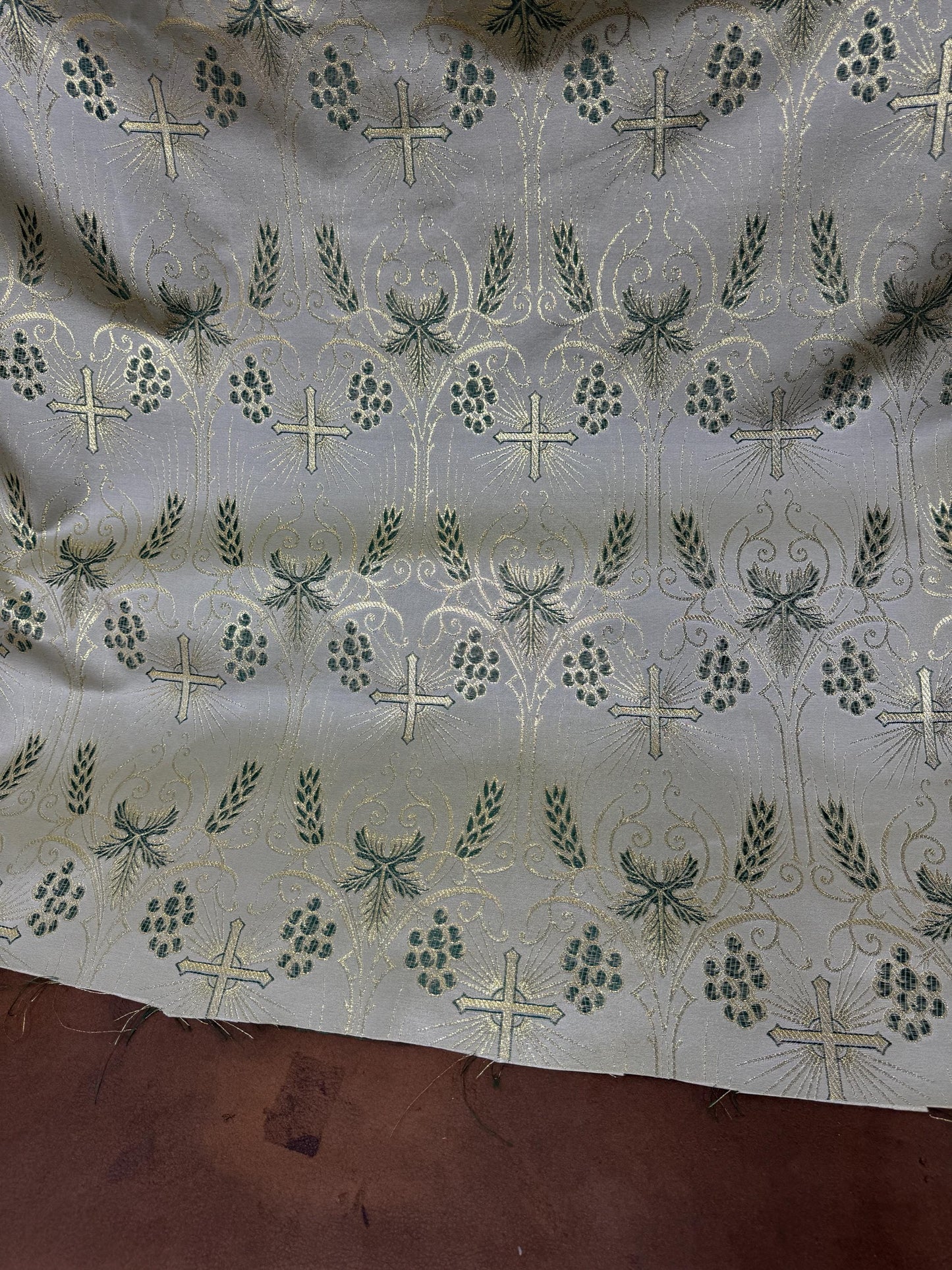 Liturgical Brocade, Green gold, Church Gorgeous Cross Acetate Taffeta Brocade Fabric Cross Metallic Brocade 60" Wide