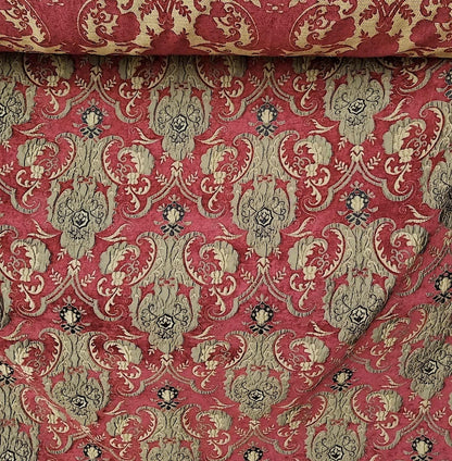 Chenille BAROQUE UPHOLSTERY Fabric Jacquard Damask, 58" wide ,color Red/Gold, sold by yard in continuous yards