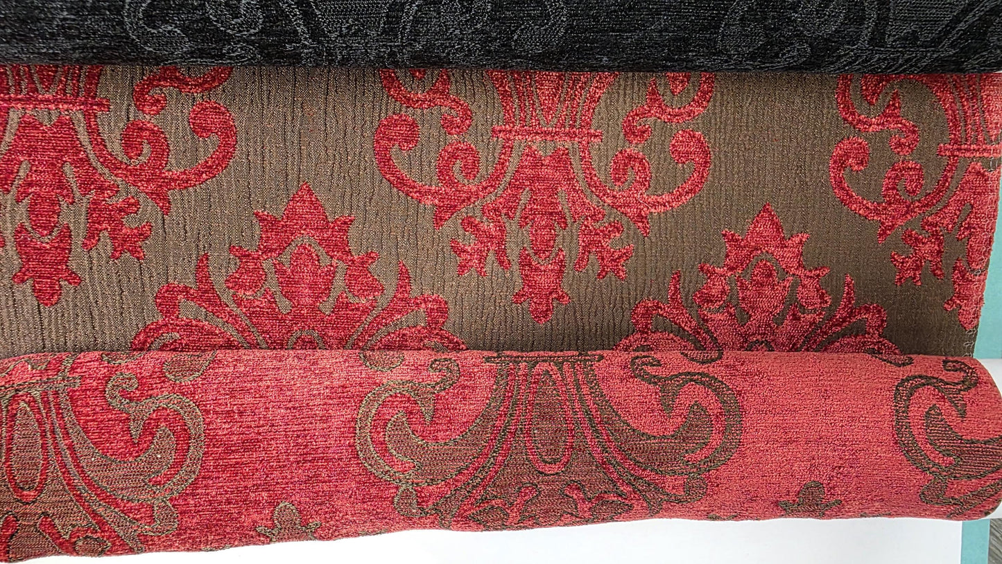 Chenille BAROQUE UPHOLSTERY Fabric Jacquard Damask, reversible, 54" wide ,color Rouge, sold by yard in continuous yards