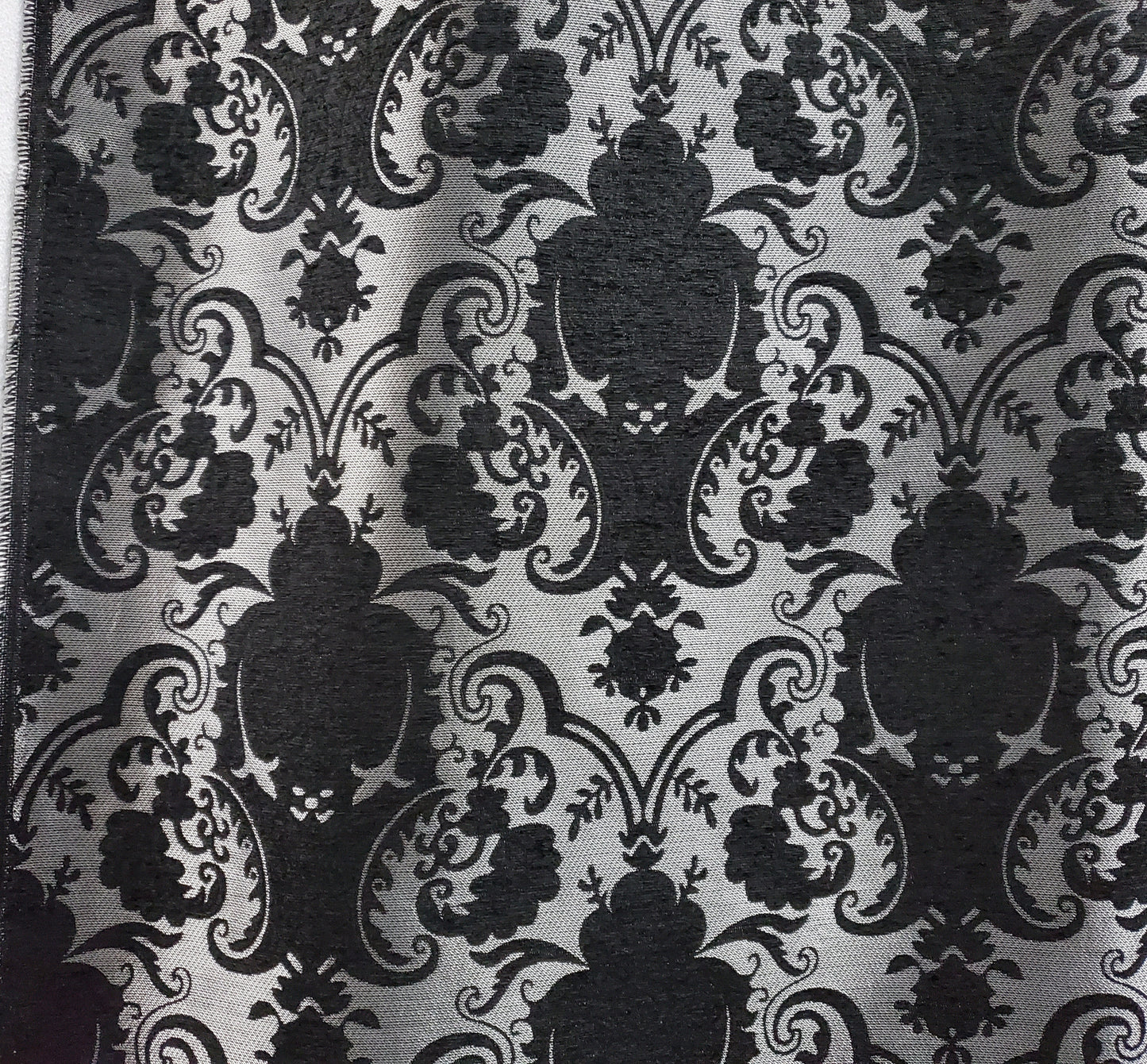 Chenille BAROQUE UPHOLSTERY Fabric Jacquard Damask, 58" wide ,color Silver/Black, sold by yard in continuous yards
