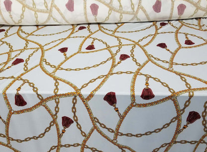 2 Way Stretch Scuba Techno, Color white/gold Chains, Belts and Ornaments burgundy, 58" wide, sold by yard in continuous yards