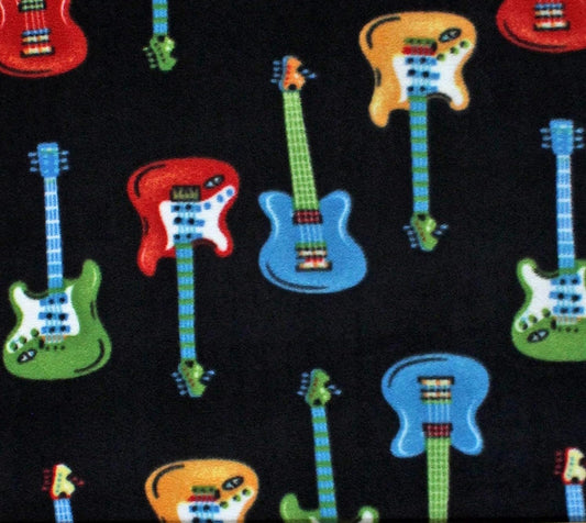 Fleece Fabric Multicolored Guitar with Black Background, Polar print Fleece Polar By The Yard 60" Wide
