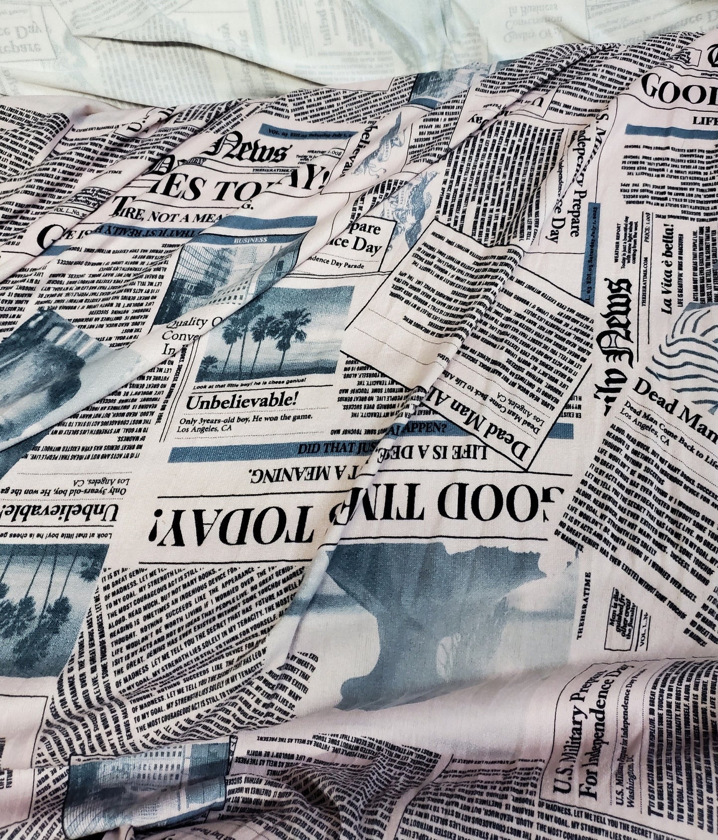 Blue and White Newspaper Fashion Print Cotton Spandex 58" Wide