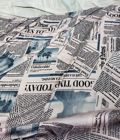 Blue and White Newspaper Fashion Print Cotton Spandex 58" Wide