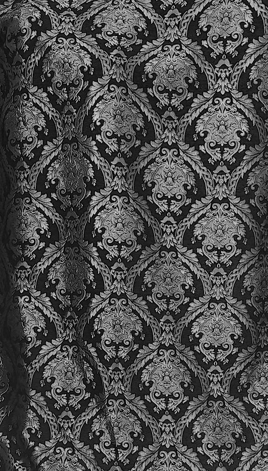 Chenille BAROQUE UPHOLSTERY Fabric Jacquard Damask, 58" wide ,color Black/Silver, Reversible, sold by yard in continuous yards